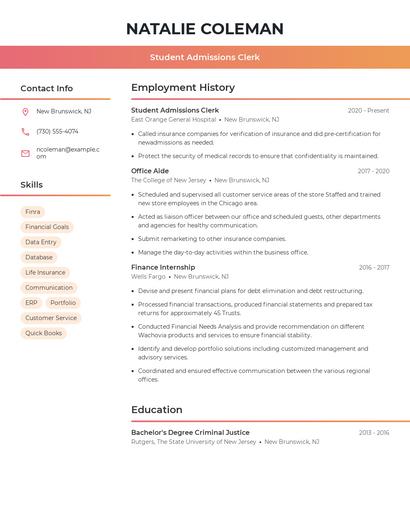 Student Admissions Clerk Resume