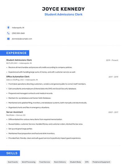 Student Admissions Clerk Resume