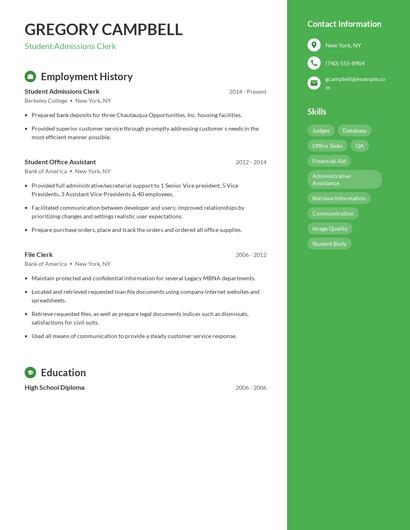 Student Admissions Clerk Resume