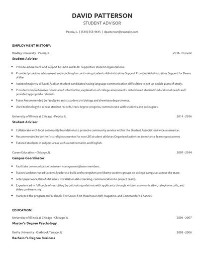 Student Advisor Resume