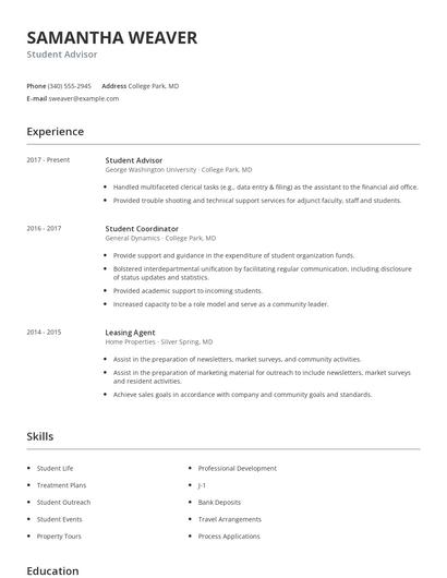 Student Advisor Resume