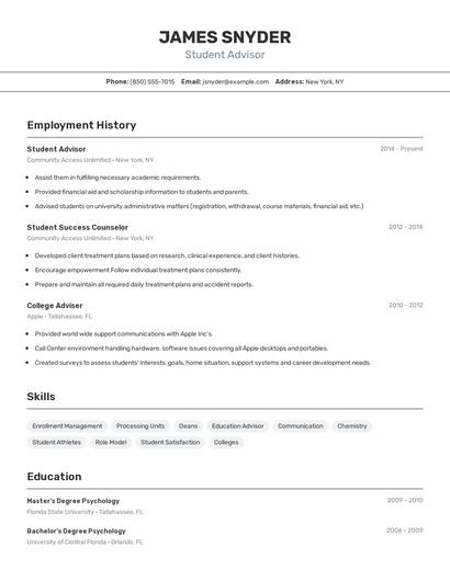 Student Advisor Resume