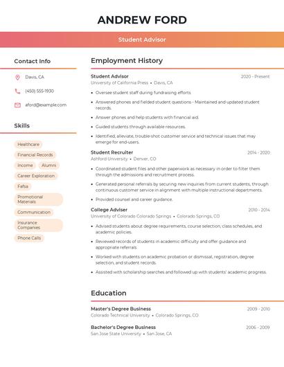 Student Advisor Resume