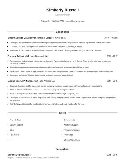 Student Advisor Resume