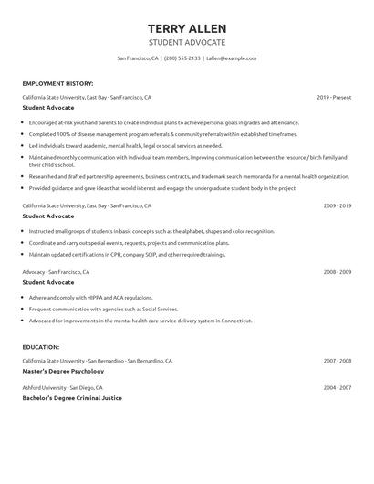Student Advocate Resume