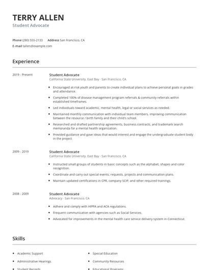 Student Advocate Resume