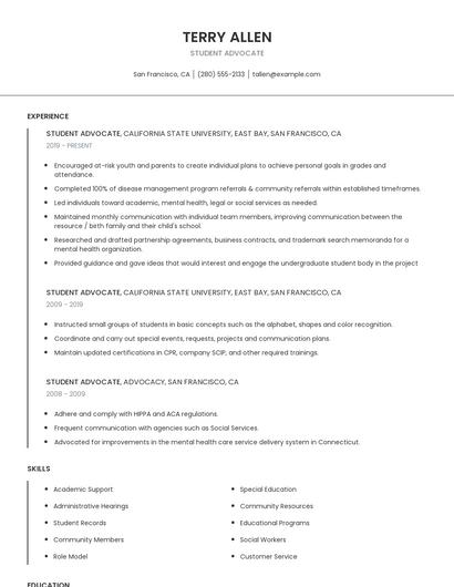 Student Advocate Resume