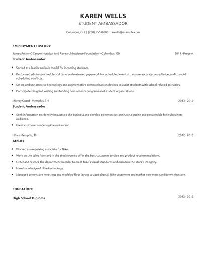 Student Ambassador Resume