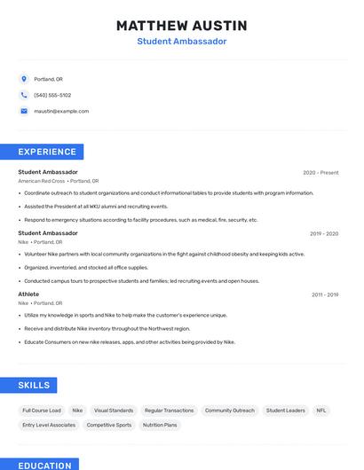 Student Ambassador Resume