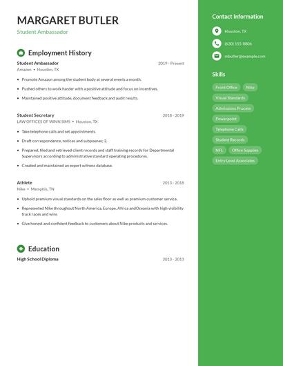 Student Ambassador Resume