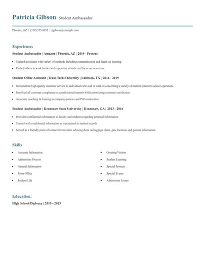 Student Ambassador Resume