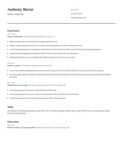 Student Ambassador Resume