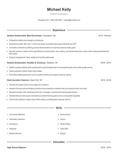 Student Ambassador Resume