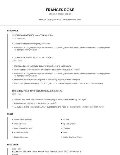 Student Ambassador Resume