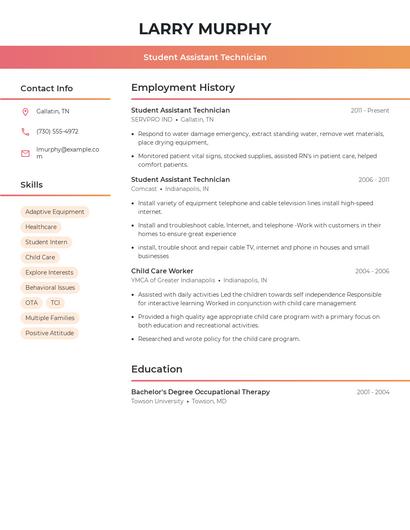 Student Assistant Technician Resume