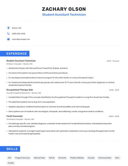 Student Assistant Technician Resume