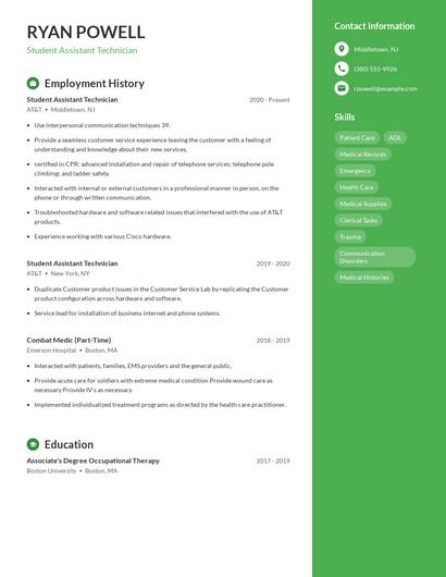 Student Assistant Technician Resume