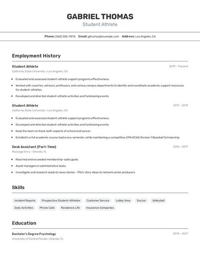 Student Athlete Resume
