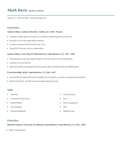 Student Athlete Resume
