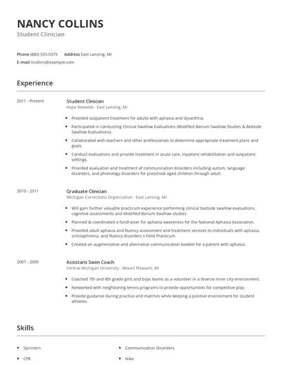 Student Clinician Resume