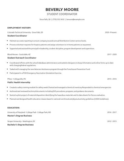 Student Coordinator Resume