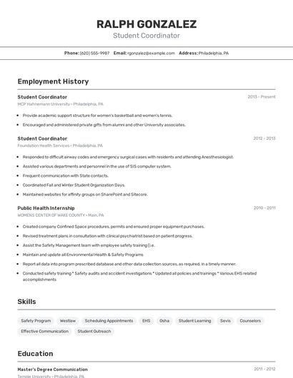 Student Coordinator Resume