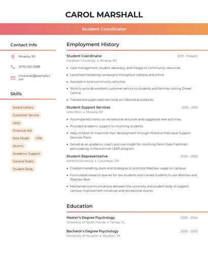 Student Coordinator Resume