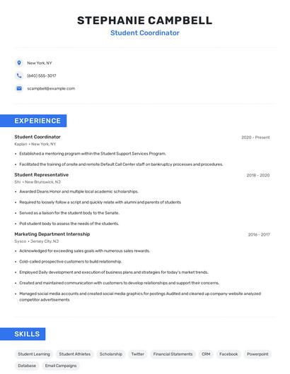 Student Coordinator Resume