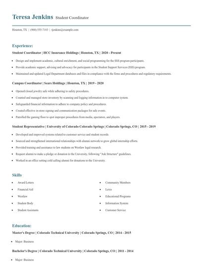 Student Coordinator Resume