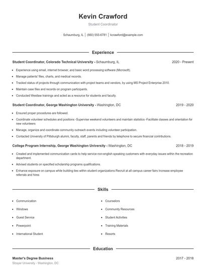 Student Coordinator Resume