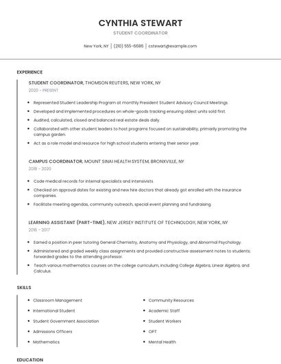 Student Coordinator Resume