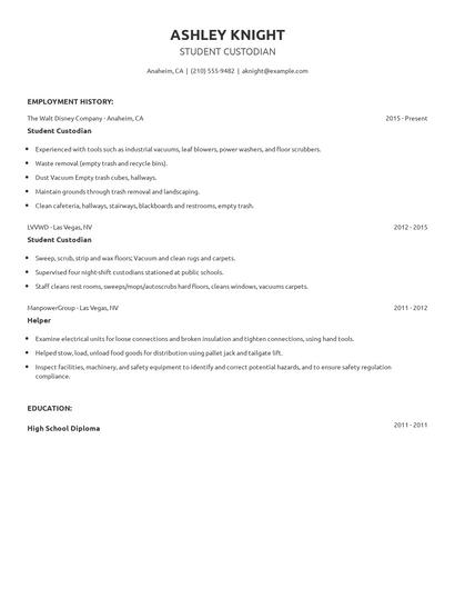 Student Custodian Resume
