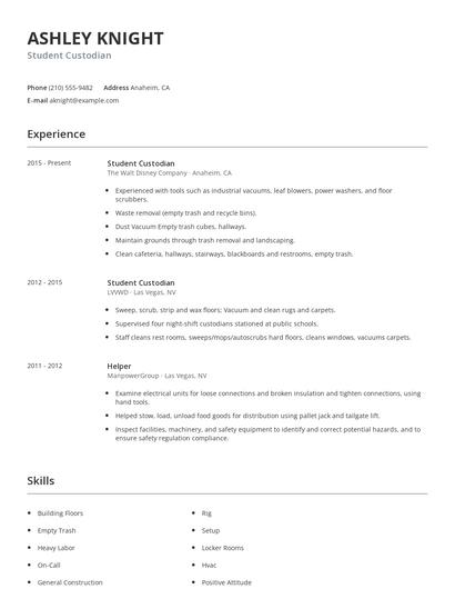 Student Custodian Resume