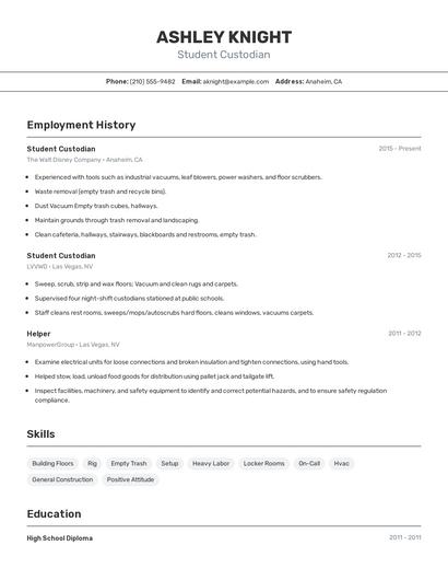 Student Custodian Resume
