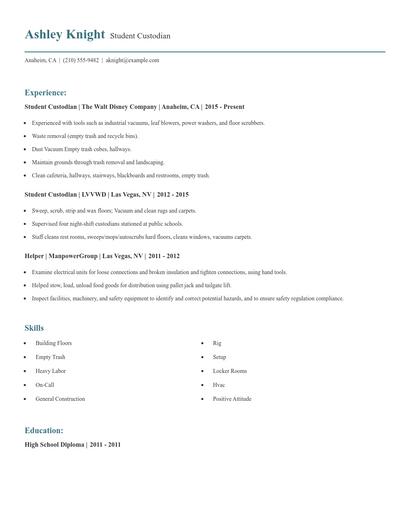 Student Custodian Resume