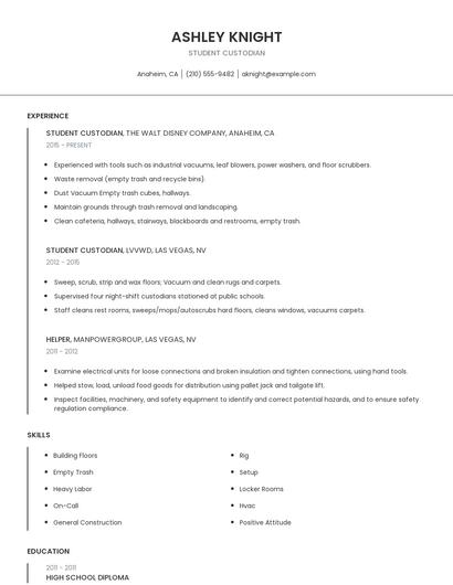 Student Custodian Resume