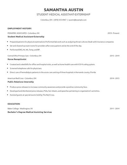 Student Medical Assistant-Externship Resume