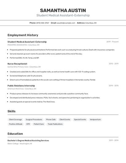 Student Medical Assistant-Externship Resume