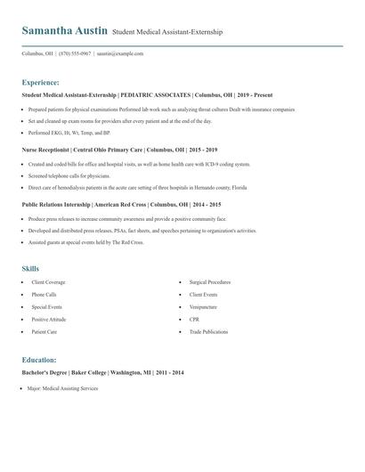 Student Medical Assistant-Externship Resume
