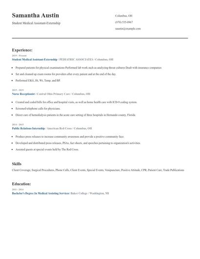 Student Medical Assistant-Externship Resume