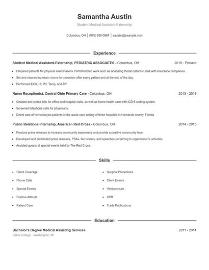 Student Medical Assistant-Externship Resume