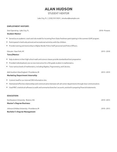Student Mentor Resume
