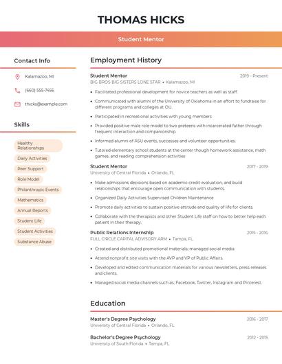 Student Mentor Resume