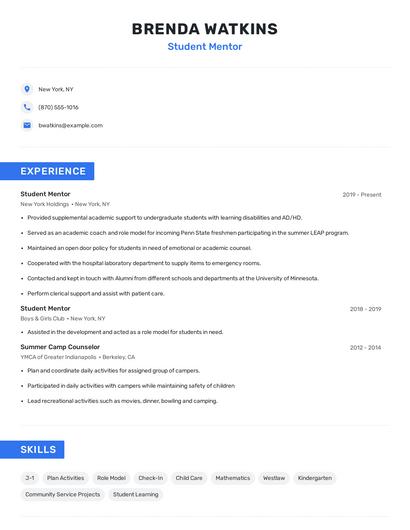 Student Mentor Resume