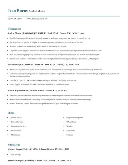 Student Mentor Resume