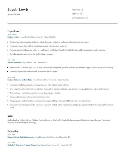 Student Mentor Resume