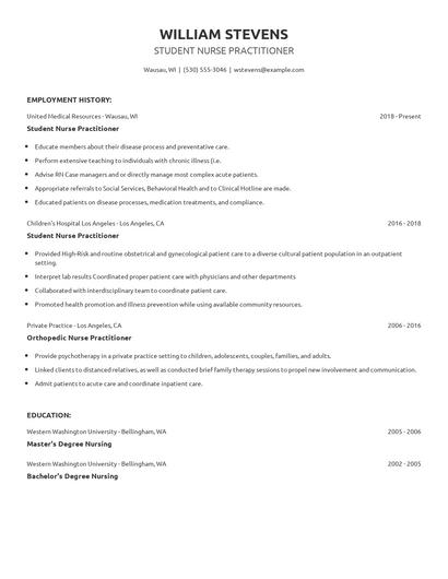 Student Nurse Practitioner Resume