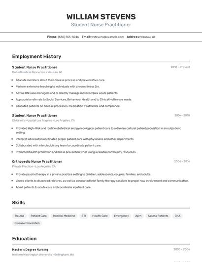 Student Nurse Practitioner Resume
