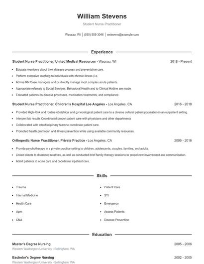 Student Nurse Practitioner Resume
