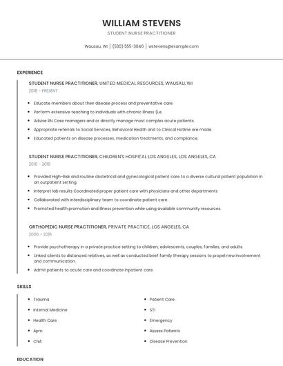Student Nurse Practitioner Resume